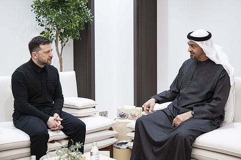 UAE President His Highness Sheikh Mohamed bin Zayed Al Nahyan meets with Volodymyr Zelenskyy, President of Ukraine.