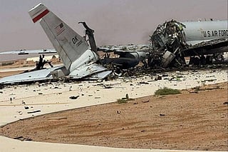 This UGC image posted on social media on March 29, 2026 and verified by AFP staff appears to show a destroyed US Air Force Airborne Warning and Control System (AWACS) aircraft, primarily used for air traffic control, in the aftermath of a projectile strike at Prince Sultan Airbase in Saudi Arabia.