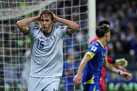 Italy's Francesco Pio Esposito reacts during the World Cup qualifying playoff final soccer match between Bosnia and Italy in Zenica, Bosnia, Tuesday, March 31, 2026. (AP Photo/Armin Durgut)