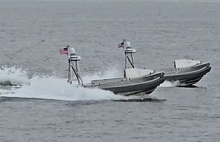 KAMIKAZE BOATS: Two Global Autonomous Reconnaissance Crafts (GARC), from Unmanned Surface Vessel Squadron 3 (USVRON 3), operate near the US Naval Amphibious Base Coronado May 15, 2024. The unmanned drone boats form part of the "layered" counter-srike led by the US to neutralise remnants of Iran regime threats in and around Hormuz.

