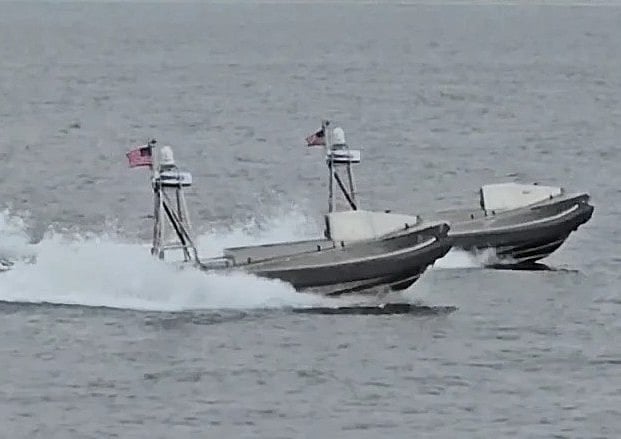 KAMIKAZE BOATS: Two Global Autonomous Reconnaissance Crafts (GARC), from Unmanned Surface Vessel Squadron 3 (USVRON 3), operate near the US Naval Amphibious Base Coronado May 15, 2024. The unmanned drone boats form part of the "layered" counter-srike led by the US to neutralise remnants of Iran regime threats in and around Hormuz.
