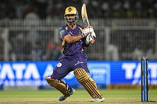 Kolkata Knight Riders' captain Indian cricket player Ajinkya Rahane plays a shot during the 2026 Indian Premier League (IPL) T20 match between Kolkata Knight Riders and Sunrisers Hyderabad at the Eden Gardens in Kolkata on April 2, 2026.