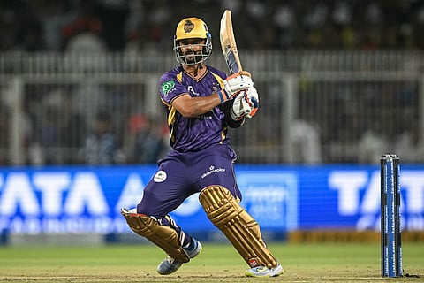 Kolkata Knight Riders' captain Indian cricket player Ajinkya Rahane plays a shot during the 2026 Indian Premier League (IPL) T20 match between Kolkata Knight Riders and Sunrisers Hyderabad at the Eden Gardens in Kolkata on April 2, 2026.