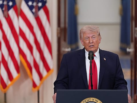 President Donald Trump speaks about the Iran war from the Cross Hall of the White House on Thursday, April 2, 2026, in Washington. 