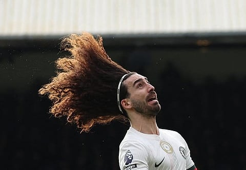 Chelsea's Spanish defender #03 Marc Cucurella heads the ball during the English Premier League football match between Crystal Palace and Chelsea at Selhurst Park in south London on January 25, 2026.