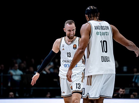 Dzana Musa and Justin Anderson of Dubai celebrate after an important win over Monaco 