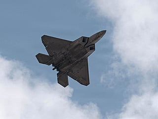 A US Air Force F-22 Raptor aircraft prepares to land at a base in the Middle East while operating in support of Operation Epic Fury. 