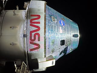 This handout picture provided by NASA shows the Orion spacecraft captured by a camera mounted on one of its solar array wings during a routine external inspection of the spacecraft on the second day into the Artemis II mission, on April 3, 2026.