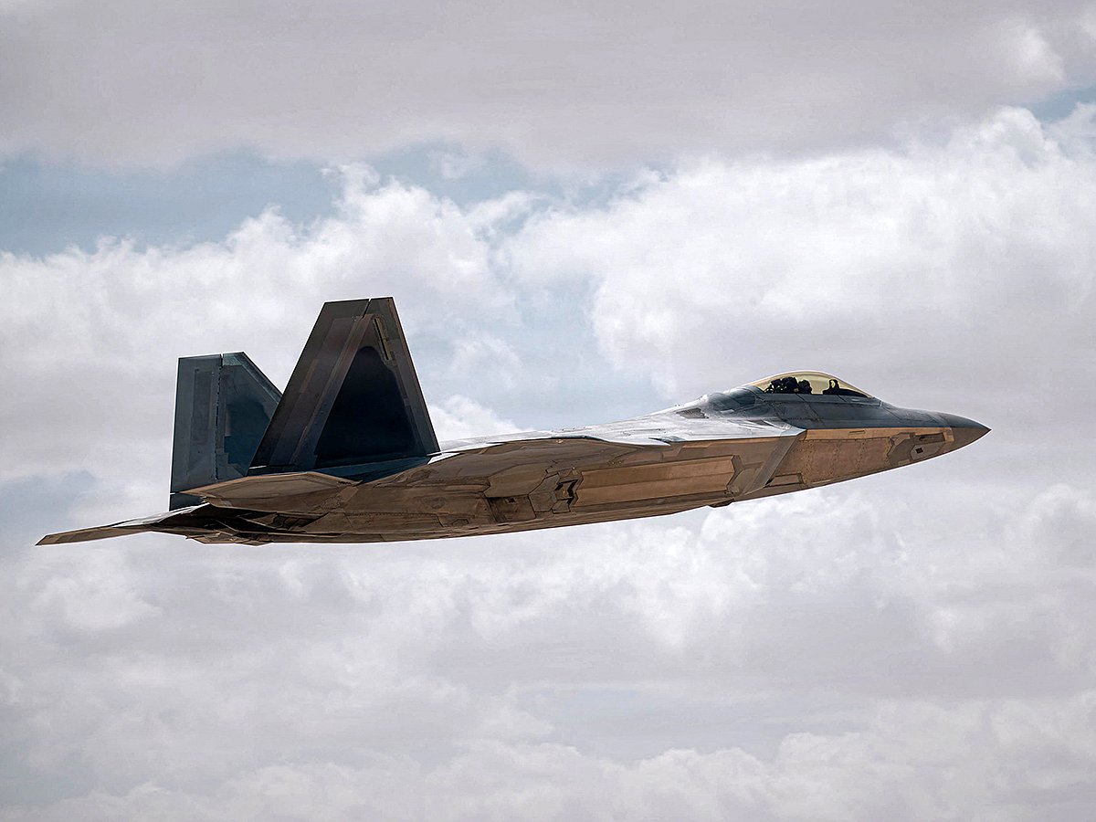 A US Air Force F-22 Raptor aircraft takes flight in the US Central Command area of responsibility in support of Operation Epic Fury. 