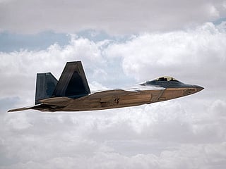 A US Air Force F-22 Raptor aircraft takes flight in the US Central Command area of responsibility in support of Operation Epic Fury. 