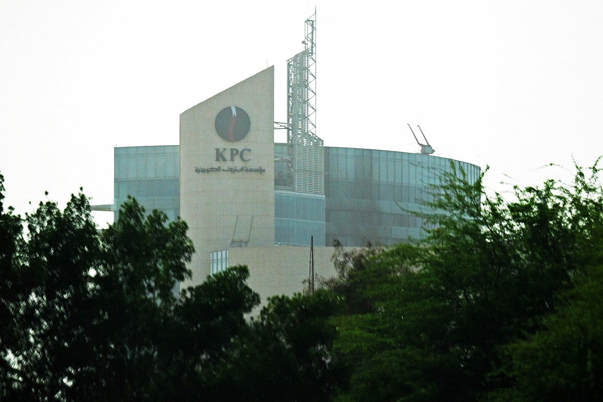 This photograph shows the impact of a fire caused by a drone attack on a building of the Kuwait Petroleum Corporation (KPC), in Kuwait City on April 5, 2026.