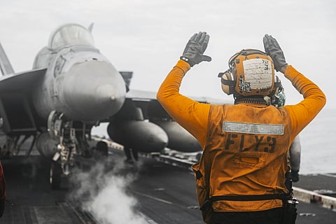 USS Abraham Lincoln continues flight operations against military targets in Iran while sailing in regional waters.