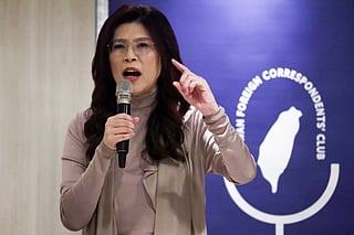 Taiwan’s main opposition party KMT chairperson Cheng Li-wun speaks at the Taiwan Foreign Correspondents' Club in Taipei on March 23, 2026.