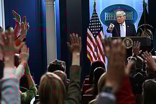 US President Donald Trump speaks about the conflict in Iran in the James S. Brady Press Briefing Room of the White House on April 6, 2026 in Washington, DC. (Photo by Brendan SMIALOWSKI / AFP)
