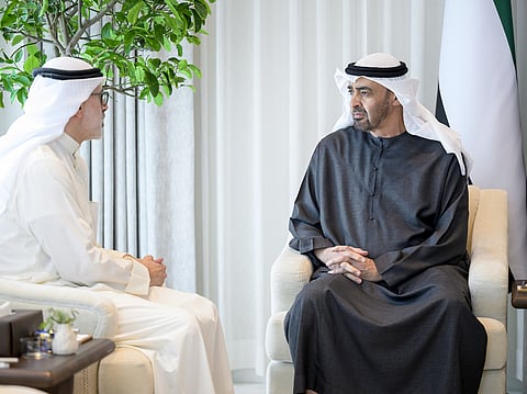 Sheikh Mohamed bin Zayed Al Nahyan, President of the United Arab Emirates (R), meets with Sheikh Jarrah Jaber Al Ahmad Al Sabah, Minister of Foreign Affairs of Kuwait (L).