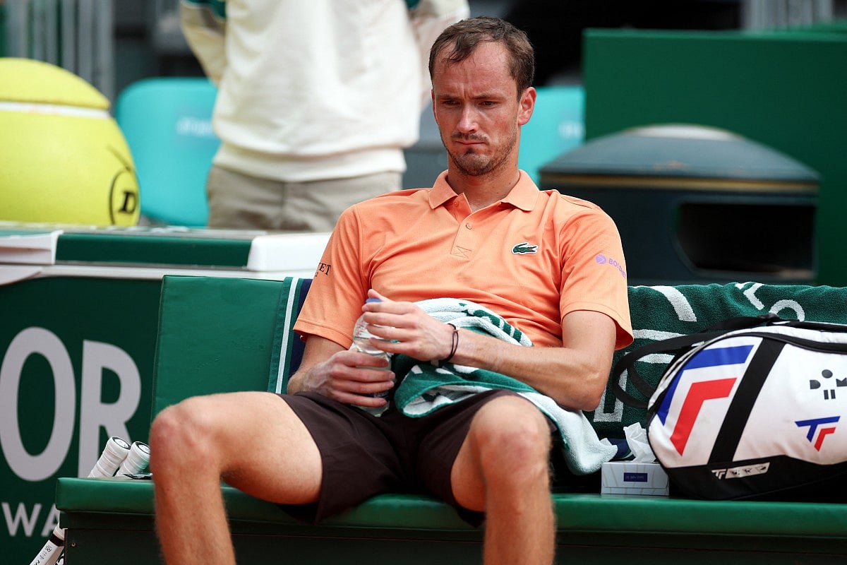 Russia's Daniil Medvedev sits between games as he plays against Italy's Matteo Berrettini during the Monte Carlo ATP Masters Series Tournament.