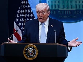 President Donald Trump speaks with reporters in the James Brady Press Briefing Room at the White House, Monday, April 6, 2026, in Washington. (AP Photo/Julia Demaree Nikhinson)