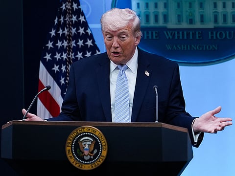 President Donald Trump speaks with reporters in the James Brady Press Briefing Room at the White House, Monday, April 6, 2026, in Washington.