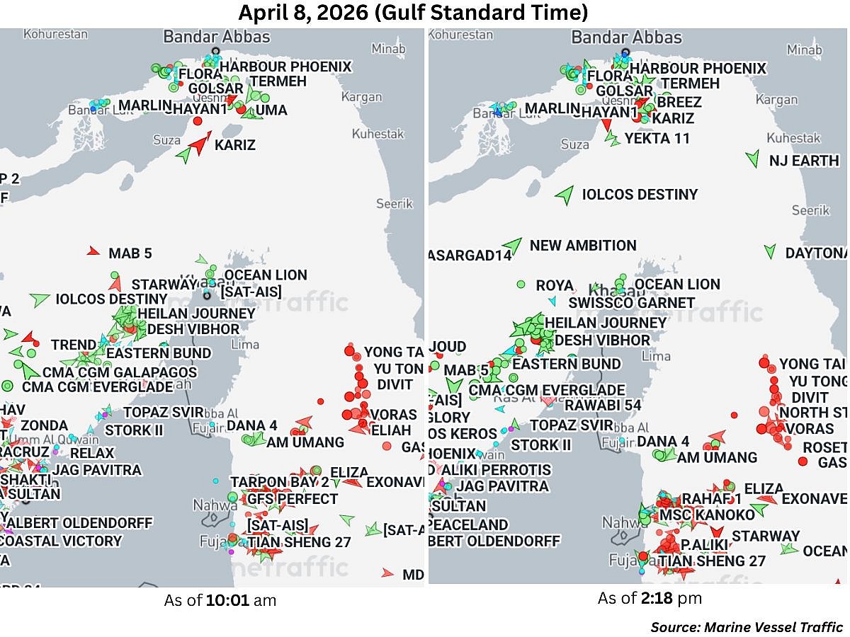 This before-and-after view captures a pivotal moment following intense diplomatic pressure. Iran agreed to guarantee safe passage for maritime traffic in exchange for the two-week pause in hostilities.