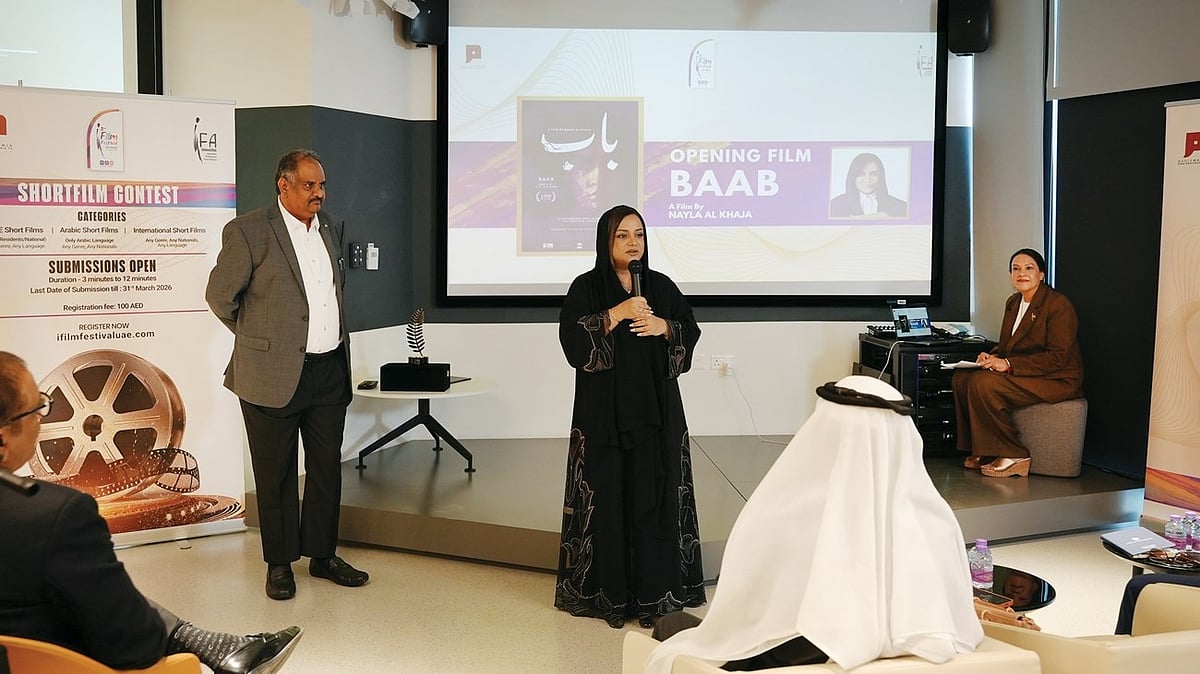 Emirati filmmaker Nayla Al Khaja speaks at a press conference announcing details of the I-Film Festival.