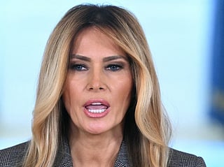 US First Lady Melania Trump speaks in the Cross Hall of the White House in Washington, DC, on April 9, 2026, denying any links to the late convicted sex offender Jeffrey Epstein and his abuse.