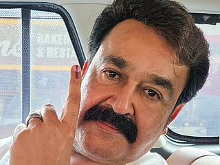 Malayalam film superstar Mohanlal shows his ink-marked finger after casting his vote during the Kerala Assembly election, at Mudavanmugal LPS, in Thiruvananthapuram, Kerala on Thursday, April 9, 2026