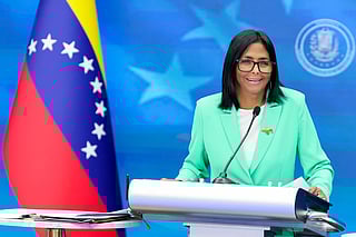 This handout picture released by the Venezuelan Presidency press office shows Venezuela's interim President Delcy Rodriguez speaking during a national broadcast in Caracas on April 8, 2026.