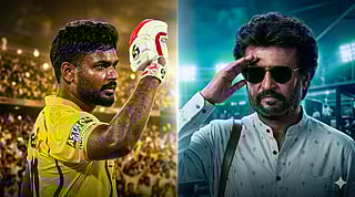 Chennai Super Kings' Indian cricket player Sanju Samson celebrates after scoring a century (100 runs) during the 2026 Indian Premier League (IPL) T20 match between Chennai Super Kings and Delhi Capitals at the MA Chidambaram Stadium