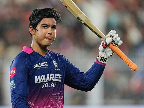 Rajasthan Royals' Vaibhav Sooryavanshi waves his bat as he leaves the ground after losing his wicket during IPL match against Royal Challengers Bengaluru in Guwahati, on Friday, April 10, 2026. 