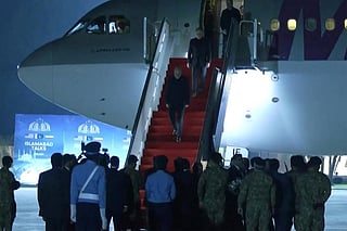 Pakistan's Foreign Ministry shows the Iranian delegation walking down the stairs of their plane after arriving at Nur Khan Airbase in Islamabad.