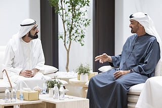 UAE President His Highness Sheikh Mohamed bin Zayed Al Nahyan, meets with HHis Highness Sheikh Mohammed bin Rashid Al Maktoum, Vice President, Prime Minister and Ruler of Dubai.
