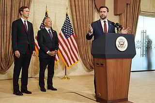 Vice President JD Vance (R) speaks during a news conference after meeting with representatives from Pakistan and Iran, as US President Donald Trump's son-in-law Jared Kushner (L) and US Special Envoy to the Middle East Steve Witkoff (C) watch, in Islamabad on April 12, 2026.