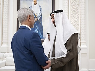 Sheikh Mohamed bin Zayed Al Nahyan, President of the United Arab Emirates (R), receives Dr Subrahmanyam Jaishankar, Minister of External Affairs of India (L) 