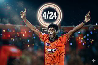 Sunrisers Hyderabad's Indian cricket player Sakib Hussain celebrates after taking the wicket of Rajasthan Royals' South African cricket player Donovan Ferreira