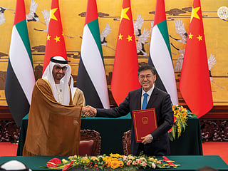 Khaled bin Mohamed bin Zayed, Crown Prince of Abu Dhabi, and Li Qiang, Premier of China