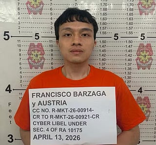 Suspended Congressman Francisco Austria "Kiko" Barzaga in a police booking photograph taken on April 13, 2026 at the Dasmariñas City Police Station, Cavite Province (south of Manila).