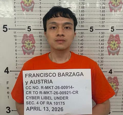 Suspended Congressman Francisco Austria "Kiko" Barzaga in a police booking photograph taken on April 13, 2026 at the Dasmariñas City Police Station, Cavite Province (south of Manila).