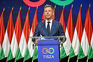 Peter Magyar, leader of the pro-European conservative TISZA party, delivers a press conference at the HUNGEXPO Congress and Exhibition Center in Budapest, Hungary, on April 13, 2026.