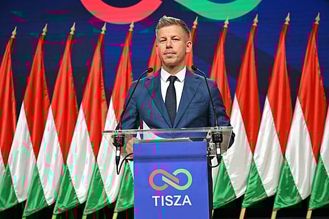 Peter Magyar, leader of the pro-European conservative TISZA party, delivers a press conference at the HUNGEXPO Congress and Exhibition Center in Budapest, Hungary, on April 13, 2026.