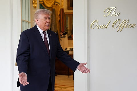 President Donald Trump speaks to the press during an event outside the Oval Office of the White House on April 13 in Washington, DC. 