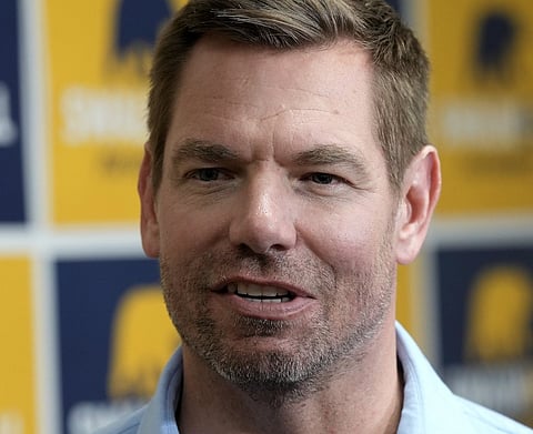 California gubernatorial candidate Rep. Eric Swalwell, D-Calif., talks with reporters after holding a town hall meeting in Sacramento, Calif., Tuesday, April 7, 2026.