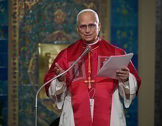 Pope Leo XIV meets the Algerian Community in the Basilica of Our Lady of Africa in Algiers, Monday, April 13, 2026, on the first day of an 11-day apostolic journey to Africa. 