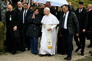 Pope Leon XIV visits the archaeological site of Hippo, in Annaba on April 14, 2026.