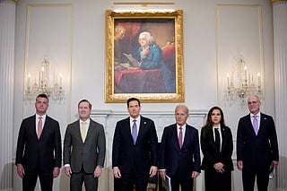 Counselor of US State Department Michael Needham, US Ambassador to the United Nations Michael Waltz, US Secretary of State Marco Rubio, US Ambassador to Lebanon Michel Issa, Lebanese Ambassador to the US Nada Hamadeh Moawad and Israeli Ambassador to the US Yechiel Leiter pose for photos before beginning working-level peace talks at the US State Department on April 14, 2026 in Washington, DC. In their first direct diplomatic talks in more than 30 years, Lebanon and Israel are preparing negotiations to potentially end Israel's conflict with the Lebanese militia Hezbollah. File photo.