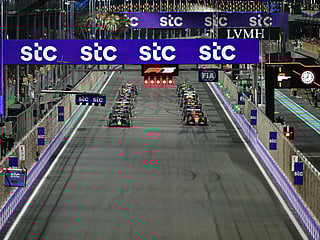 Drivers await start lights to kick off the 2025 Saudi Arabia Formula One Grand Prix at the Jeddah Corniche Circuit on April 20, 2025.