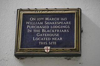 A plaque erected by the City of London to commemorate where William Shakespeare lived on a wall is pictured in London, Wednesday, April 15, 2026, he purchased lodgings in the Blackfriars Gatehouse, which was located close by. 