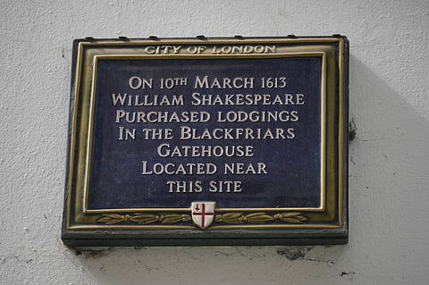 A plaque erected by the City of London to commemorate where William Shakespeare lived on a wall is pictured in London, Wednesday, April 15, 2026, he purchased lodgings in the Blackfriars Gatehouse, which was located close by. 