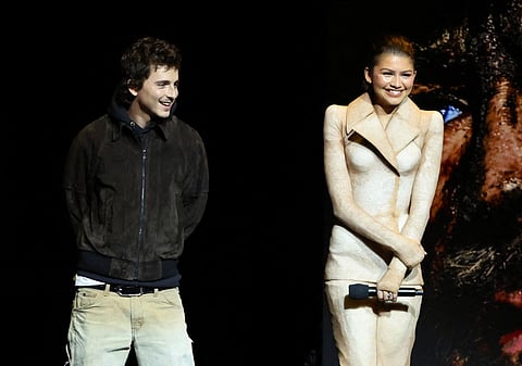 Timothée Chalamet and Zendaya promote the upcoming film "Dune: Part Three" at the Warner Bros.