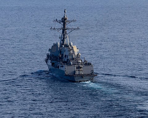 Guided-missile destroyer USS Michael Murphy (DDG 112) patrols the Arabian Sea, April 17, as US forces enforce the naval blockade on ships attempting to enter or exit Iranian ports.