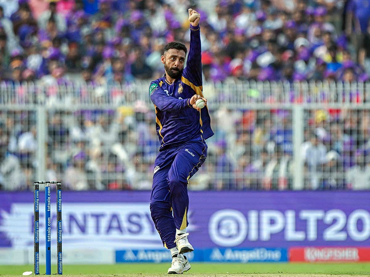 Kolkata Knight Riders' Varun Chakaravarthy bowls during the Indian Premier League 2026 match against Rajasthan Royals, at Eden Gardens, in Kolkata on Sunday. 